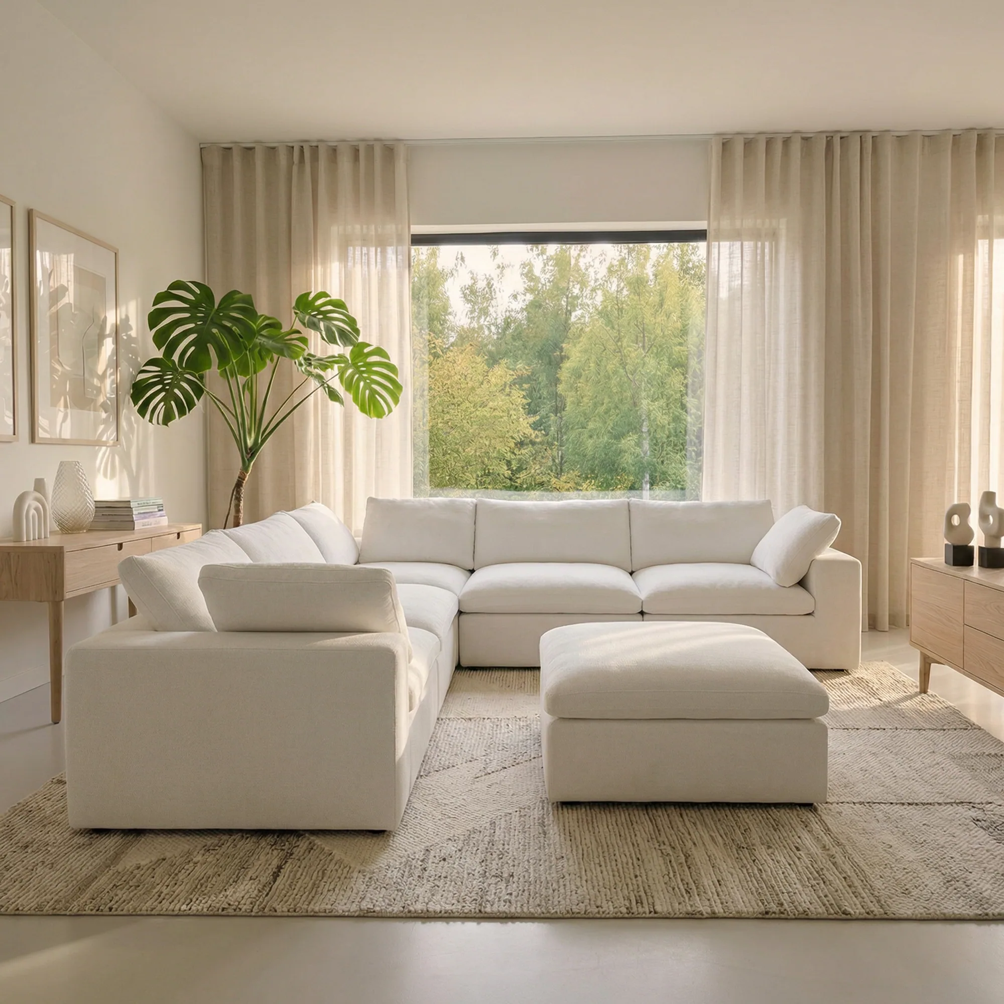 CloudComfort™ Modular Washable Classic Sofa - 5 Seater Corner Sectional + Ottoman in White CloudWeave™