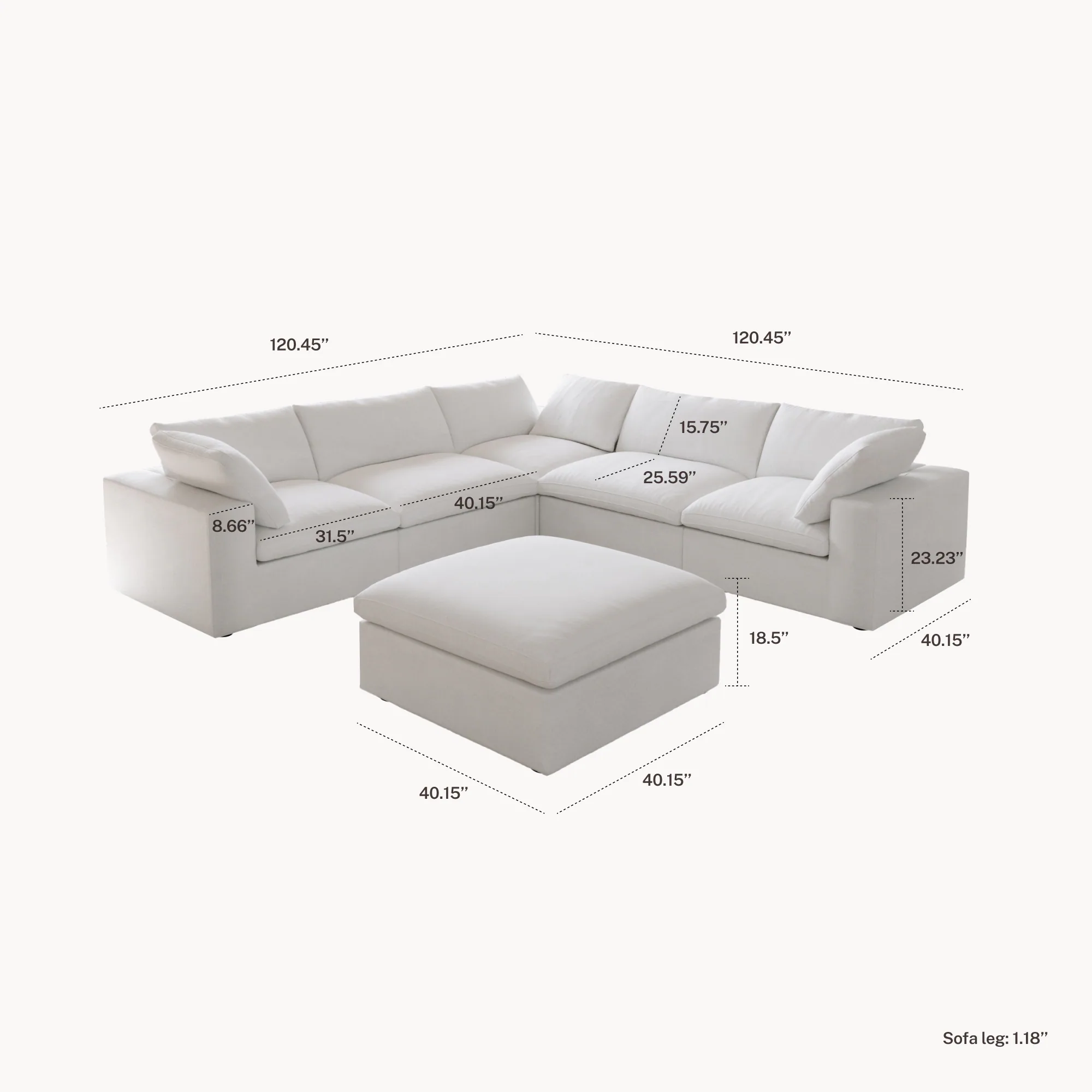 CloudComfort™ Modular Washable Classic Sofa - 5 Seater Corner Sectional + Ottoman configuration