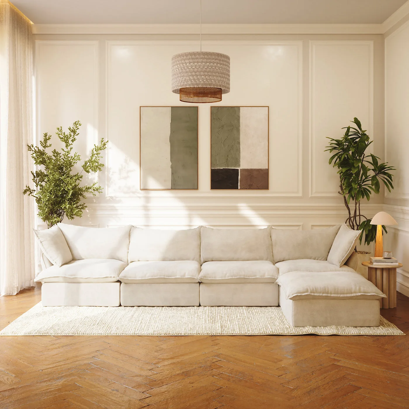 CloudComfort™ Modular Washable Luxe Sofa - 4 Seater Chaise in Beige CloudWeave™