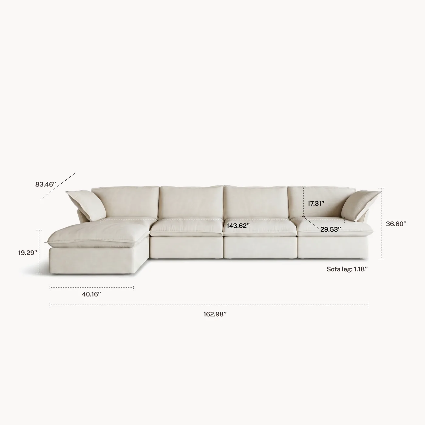 CloudComfort™ Modular Washable Luxe Sofa - 4 Seater Chaise configuration