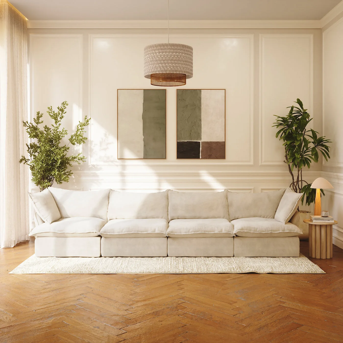 A serene Maiden House modular sofa in a warm, light-filled living room