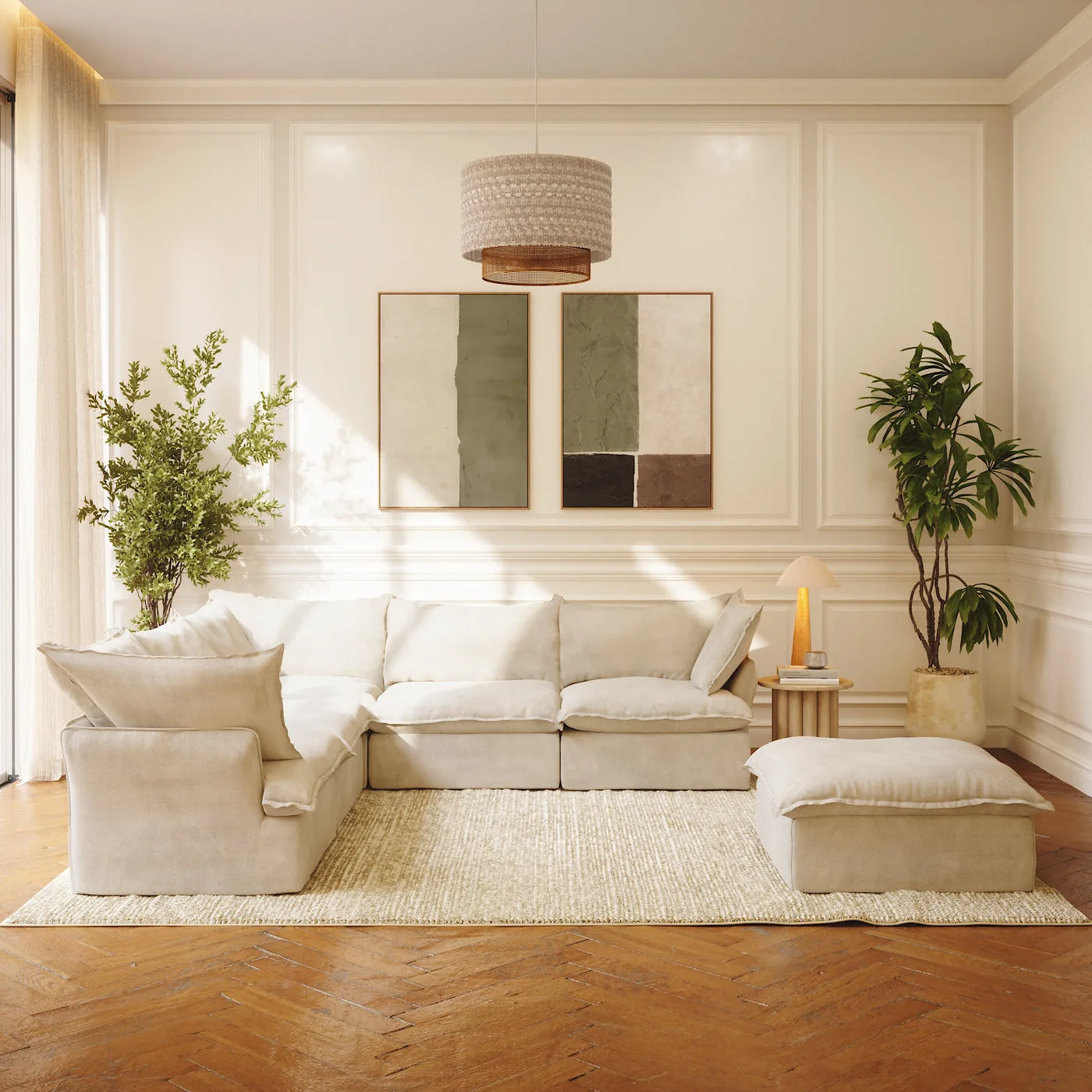 CloudComfort™ Modular Washable Luxe Sofa - 5 Seater Corner Sectional + Ottoman in Beige CloudWeave™